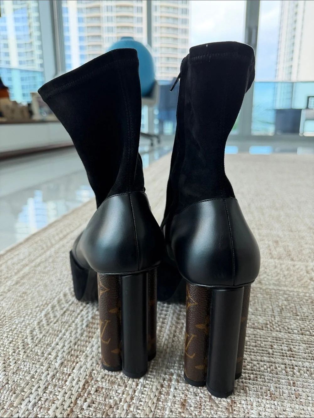 Louis Vuitton Black Platform Ankle Boots with Monogram Heel